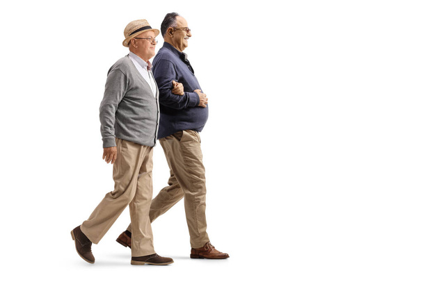 Full length profile shot of two elderly men walking together isolated on white background - Foto, afbeelding