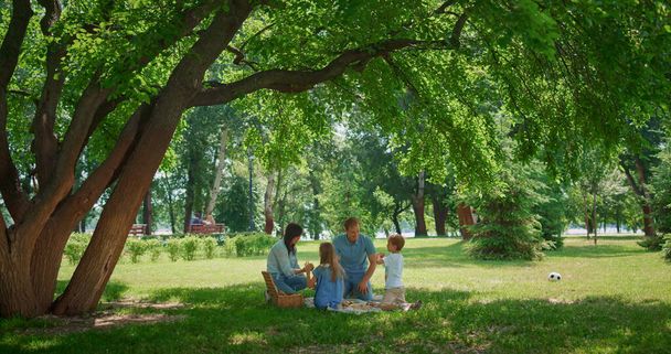 Unbekümmerte Familienfreizeit im sonnigen Park. Kinder haben Spaß mit Eltern beim Picknick. - Foto, Bild