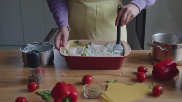 Donna sta diffondendo salsa su lasagne tagliatelle - Filmati, video