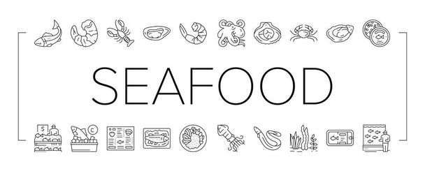 Plato de alimentos cocinados mariscos menú iconos Set Vector . - Vector, imagen