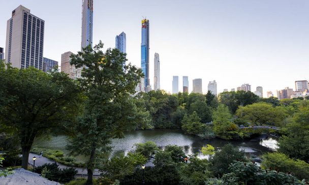 Вид на Центральный парк в Нью-Йорке, США. Пруд, много зелени, небоскребы - Фото, изображение