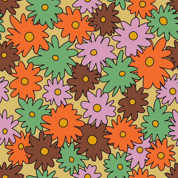 60s, 70s inspired floral seamless pattern. Hippie, groovy style repeat background for fabric. Retro backdrop design. - Vector, afbeelding