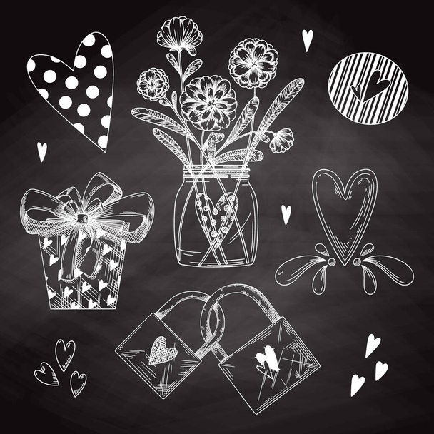 Set of romantic hand drawn elements. Different hearts, flowers and other different elements. Hand-drawn sketch vector illustration. - Вектор,изображение