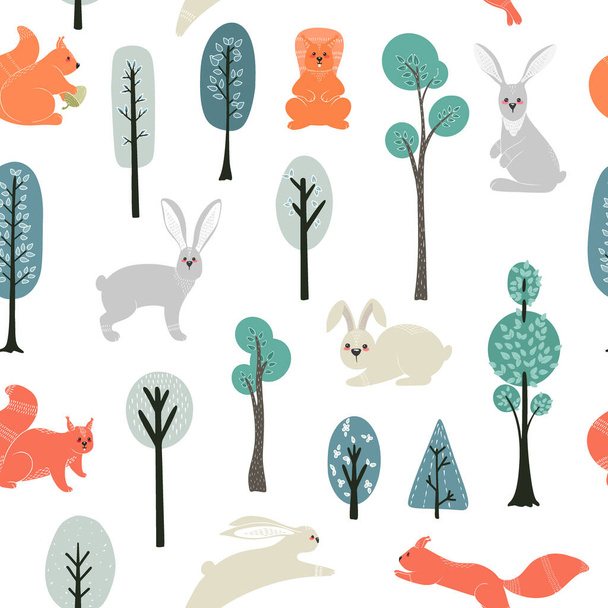 Seamless pattern. Squirrels, Hares on the background of trees, plants. Vector illustrations in a Scandinavian style. - Vecteur, image