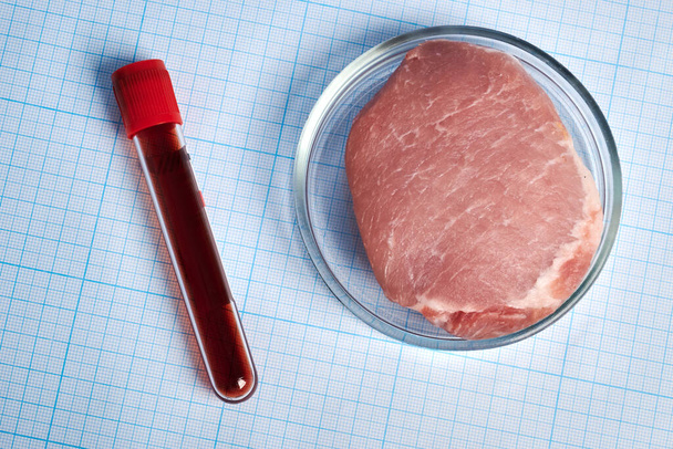 Blood Test-Tube and Meat in Petri Dish - Photo on Graph Paper - Fotoğraf, Görsel