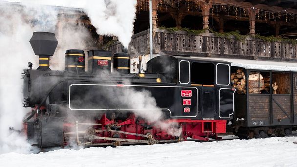 Pohled na natažený parní vlak Mocanita na nádraží v zimě, sníh, Rumunsko - Fotografie, Obrázek