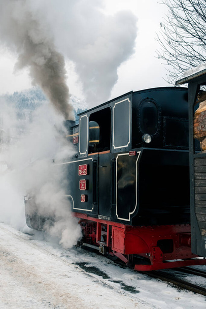 Vista del treno a vapore in movimento Mocanita su una stazione ferroviaria in inverno, neve, Romania - Foto, immagini