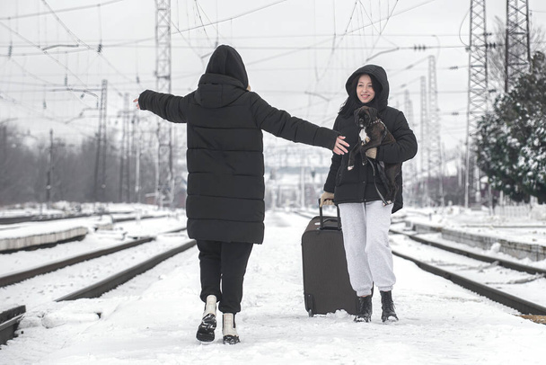Meeting of two girls at the station. Train travel - Φωτογραφία, εικόνα