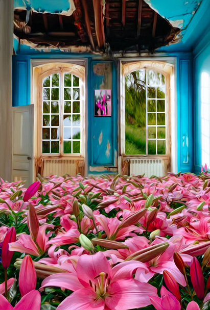 Lys roses poussant dans une maison abandonnée. Illustration 3D. Imitation de peinture à l'huile. - Photo, image