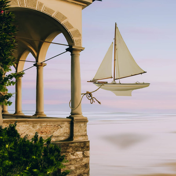 Vliegende zeilboot afgemeerd op het balkon van het oude huis. 3D illustratie. Imitatie van olieverf. - Foto, afbeelding