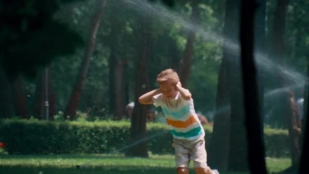 Joyful kid running sprinkles covering ears from water on sunny day park. - Footage, Video