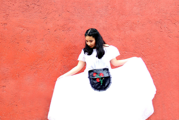 Young Latin Mexican woman is happy because she is wearing a regional white dress from Veracruz Mexico modeling the dance steps in front of a red wall - Photo, Image