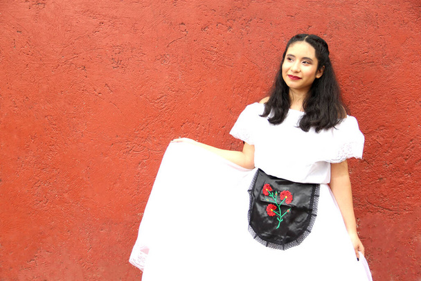 Young Latin Mexican woman is happy because she is wearing a regional white dress from Veracruz Mexico modeling the dance steps in front of a red wall - Photo, Image