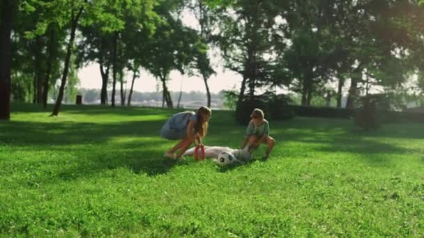 Χαρούμενα αδέλφια χαϊδεύουν το Γκόλντεν Ριτρίβερ στο πάρκο. Σκύλος ξαπλωμένος στο πράσινο πεδίο. - Πλάνα, βίντεο