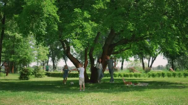 Agilis gyerekek aktív játékot a természetben. Boldog család élvezi vidám piknik. - Felvétel, videó