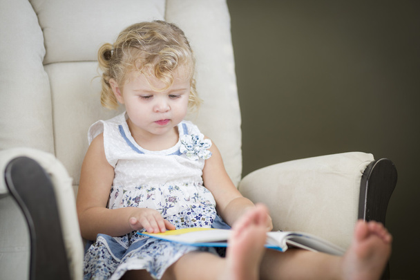 Blonde Haired Blue Eyed Little Girl Reading Her Book - Photo, Image