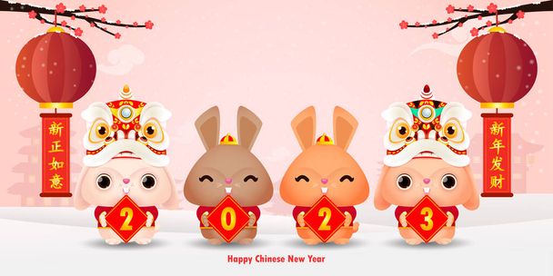 Cuatro conejito sosteniendo signo de oro Feliz año nuevo chino 2023 año del zodíaco de conejo, gong xi fa cai Dibujos animados aislados sobre fondo blanco vector ilustración, Traducción feliz año nuevo chino - Vector, imagen