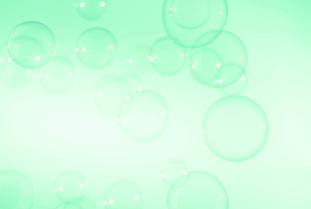 Hermosas burbujas de jabón transparente sobre fondo verde - Foto, Imagen
