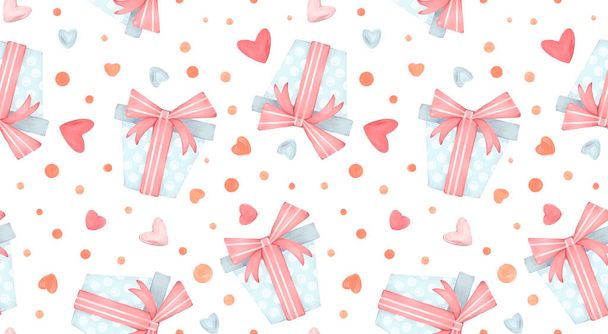 Watercolor hand drawn Valentines Day romantic seamless pattern with illustration of cute gift box, presents, hearts, love, doodles in flat cartoon style isolated on white background. - Photo, image