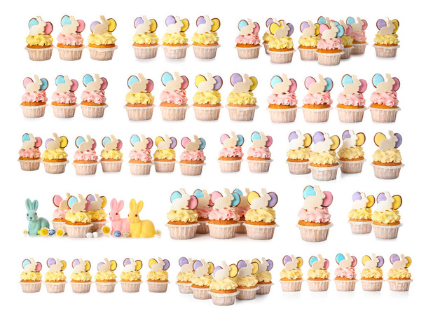 Set of creative Easter cupcakes isolated on white - Photo, Image