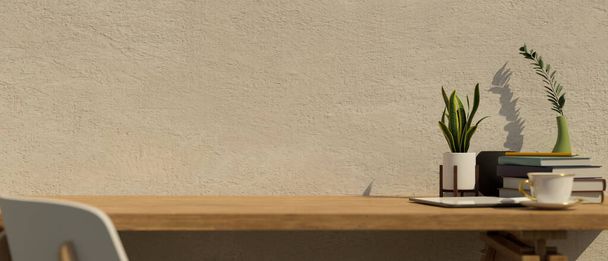Moderne werkruimte, Een houten tafelblad met stapel boeken, decor planten, koffiebeker en kopieerruimte voor montage over cementloft muur. close-up. 3d weergave, 3d illustratie - Foto, afbeelding