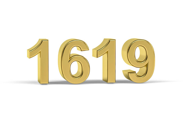 Goldene 3D-Zahl 1619 - Baujahr 1619 isoliert auf weißem Hintergrund - 3D-Renderer - Foto, Bild