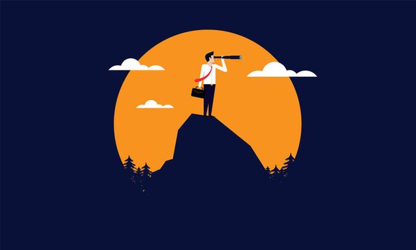 Business growth concepts vector illustration. Businessman looking through binoculars on the mountain. Side view of businessman using binoculars. Businessman looking for future growth. - Vector, Image