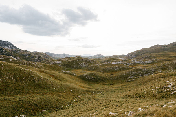 Zielona dolina w pobliżu przełęczy Sedlo w Parku Narodowym Durmitor przeciwko niebu - Zdjęcie, obraz