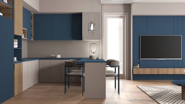 Gezellige blauwe en houten keuken in modern appartement, raam, kasten met aardewerk en pannen, apparatuur, eiland en eettafel met stoelen. Tapijt en parket, interieur idee - Foto, afbeelding