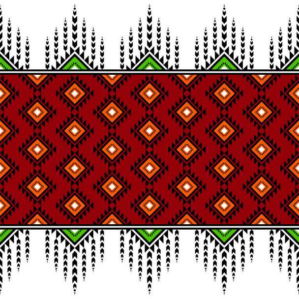 Orange Green Geometric on red ethnic oriental pattern traditional Design for background,carpet,wallpaper,clothing,wrapping,Batik,fabric, illustration embroidery style - Photo, Image
