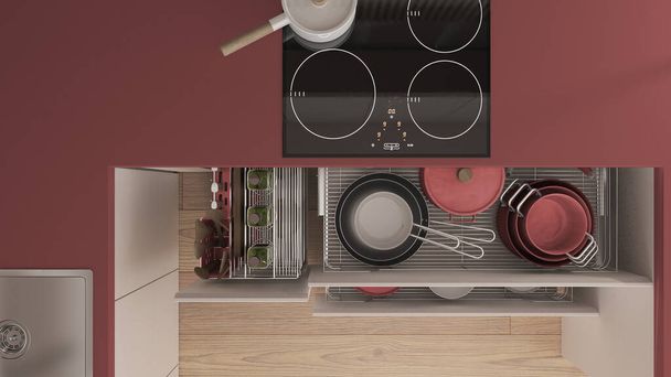 Red and wooden kitchen close up with open drawers with plates, pots, bottles, wooden spoons and accessories. Sink, induction hob with pan. Top view, plan, above, interior design - Photo, Image