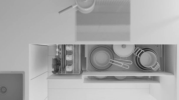 Całkowity projekt biały projekt, zbliżenie kuchni z otwartymi szufladami z talerzami, garnkami, butelkami, drewnianymi łyżkami i akcesoriami. Zlewozmywak i płyta indukcyjna. Widok z góry, plan, powyżej, wystrój wnętrz - Zdjęcie, obraz