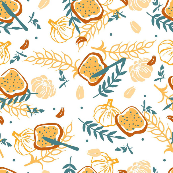 Delicious Organic Homemade Garlic Bread Vector Graphic Art Seamless Pattern can be use for background and apparel design - Vektor, kép