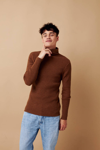 Photo young boyfriend brown turtleneck posing fashion isolated background unaltered - Photo, image