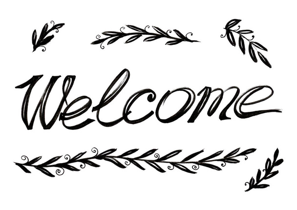 Welcome calligraphy lettering with decorative elements of branches. Black color. Isolated. Motivation text - Photo, image