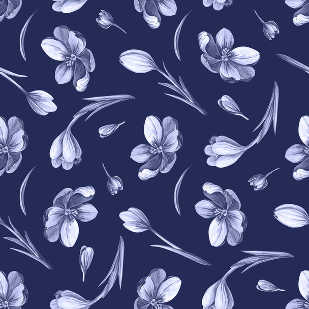 Beautiful spring seamless pattern with blue crocuses. Purple flowers of saffron on a dark - Φωτογραφία, εικόνα