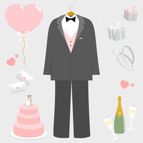 Набор костюмов жениха и свадебных предметов. Векторная иллюстрация - Вектор,изображение
