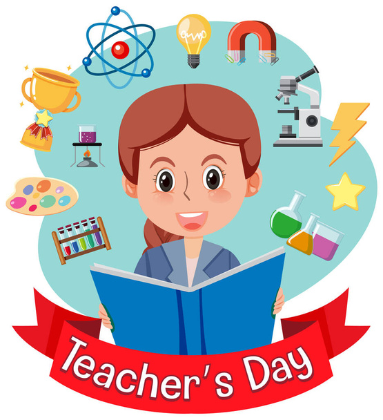 Retrato de desenhos animados de uma professora com ilustração de banner do Dia do Professor - Vetor, Imagem