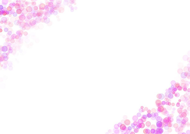 Fondo de arte abstracto con luz púrpura y lila balbuceo círculo con marco en la esquina. Tarjeta de felicitación o invitación con patrón de confeti colorido. Fondo de vacaciones con espacio de copia. - Foto, imagen