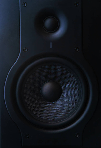Front image audio speaker with undulating membrane. Two way speaker in recording studio.Photo in black, isolated on black background. - Photo, Image