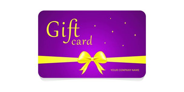 A purple gift card tied with a yellow ribbon with a lush bow. 3 D. Vector illustration. - Вектор, зображення