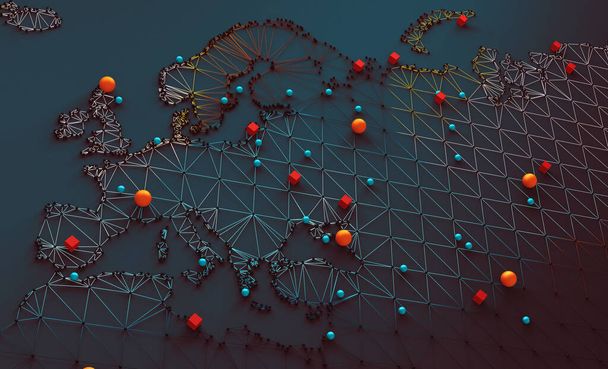 Weltkarte und Vernetzung. 3D-Illustration und Konzept der internationalen Logistik von Abkommen und internationalen Geschäften. Netzwerke und Unternehmen auf der ganzen Welt. - Foto, Bild