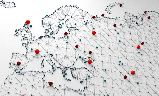 Weltkarte und Vernetzung. 3D-Illustration und Konzept der internationalen Logistik von Abkommen und internationalen Geschäften. Netzwerke und Unternehmen auf der ganzen Welt. - Foto, Bild