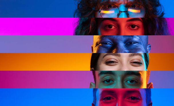 Neon stripes, loines. Closeup human eyes on multicolored background in neon light. Collage made of cropped faces of male and female models. Diversity - Foto, Bild