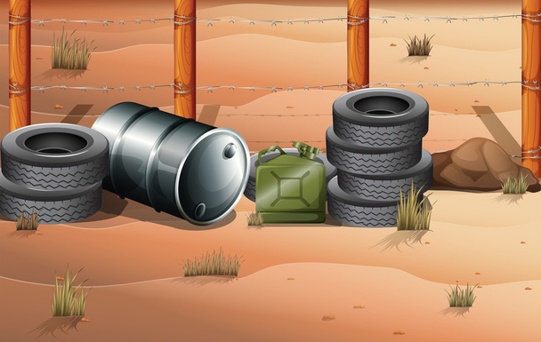 Wheels and fuel containers near the barbwire fence - Vector, Image