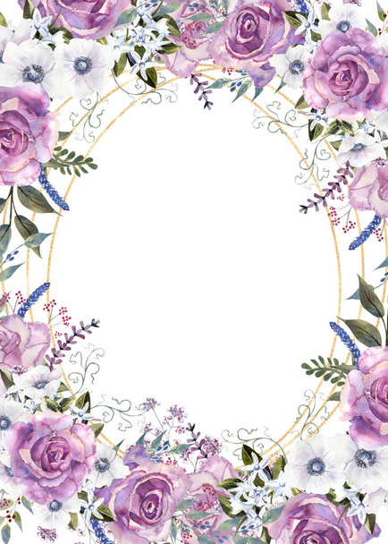 Geometric floral frame with purple roses and anemones in a glass vase on a white isolated background. Hand-drawn watercolor illustration - Photo, Image