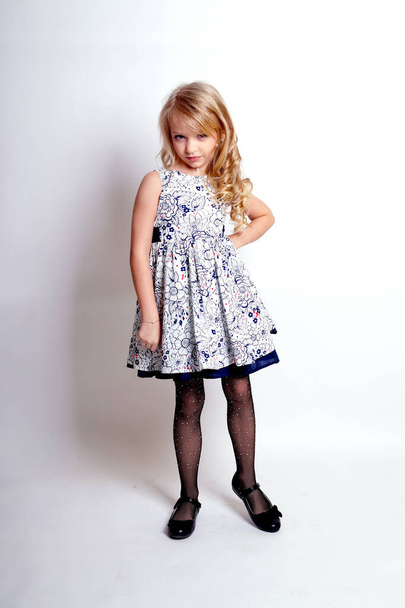 Pretty young kid girl  in grey dress.Isolated studio shot - Foto, Imagem