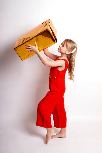 Pretty young kid girl  in red dress with gift box.Isolated studio shot - Foto, imagen