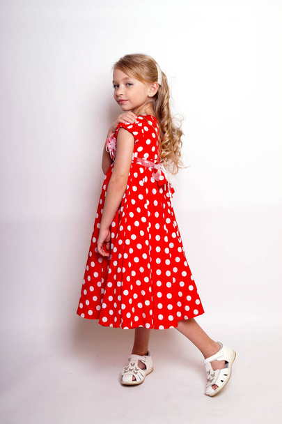 Pretty young kid girl  in red dress with gift box.Isolated studio shot - Fotografie, Obrázek