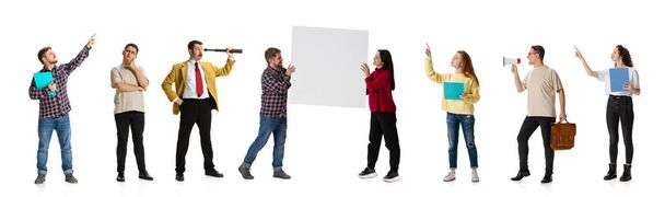 Collage. Geschäftsleute, Büroangestellte, Angestellte, Manager während des Arbeitstages isoliert vor weißem Hintergrund - Foto, Bild